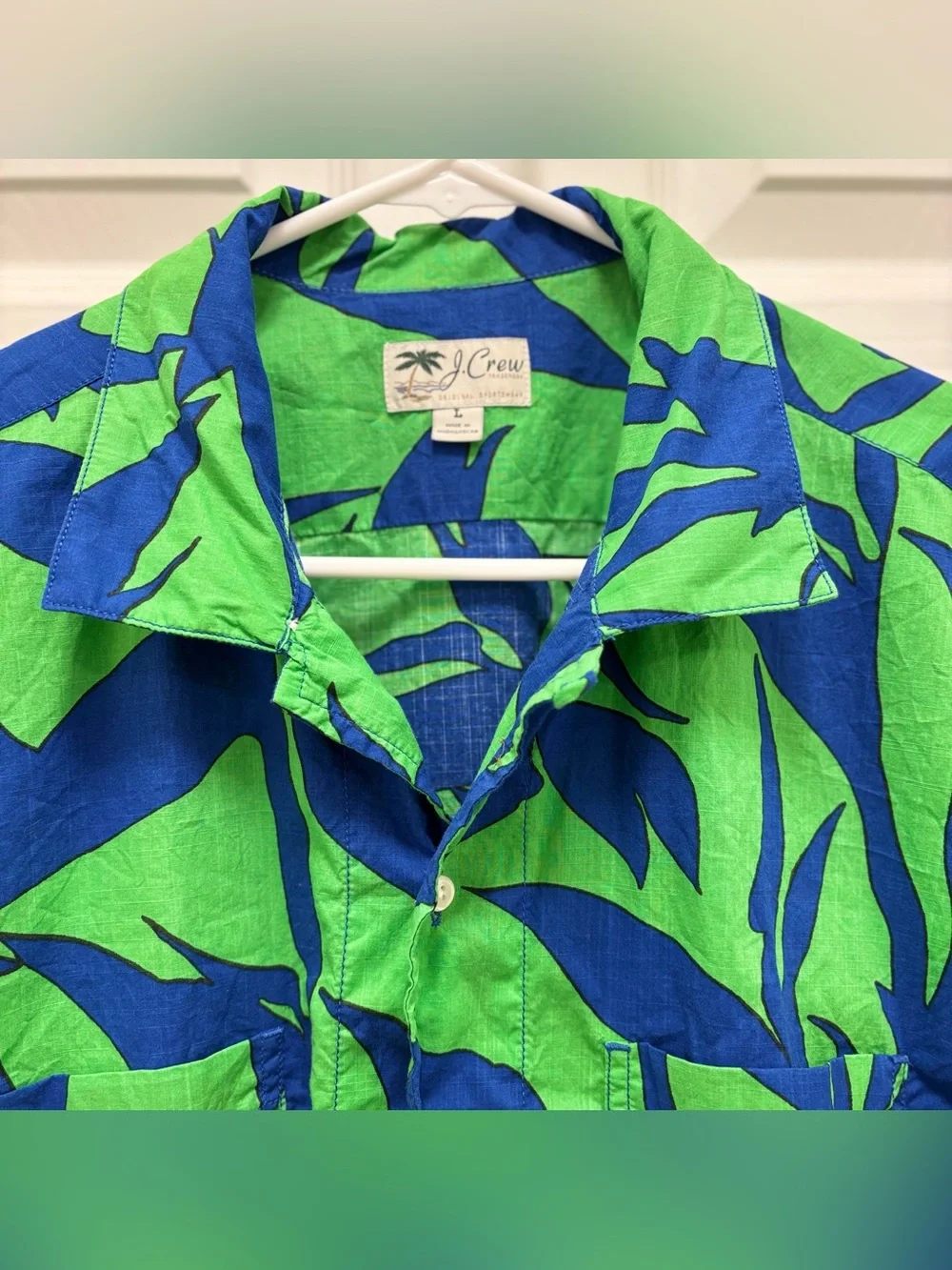 J.Crew Re-Imagined Cotton Short Sleeve Hawaiian Shirt Size Large Green Blue